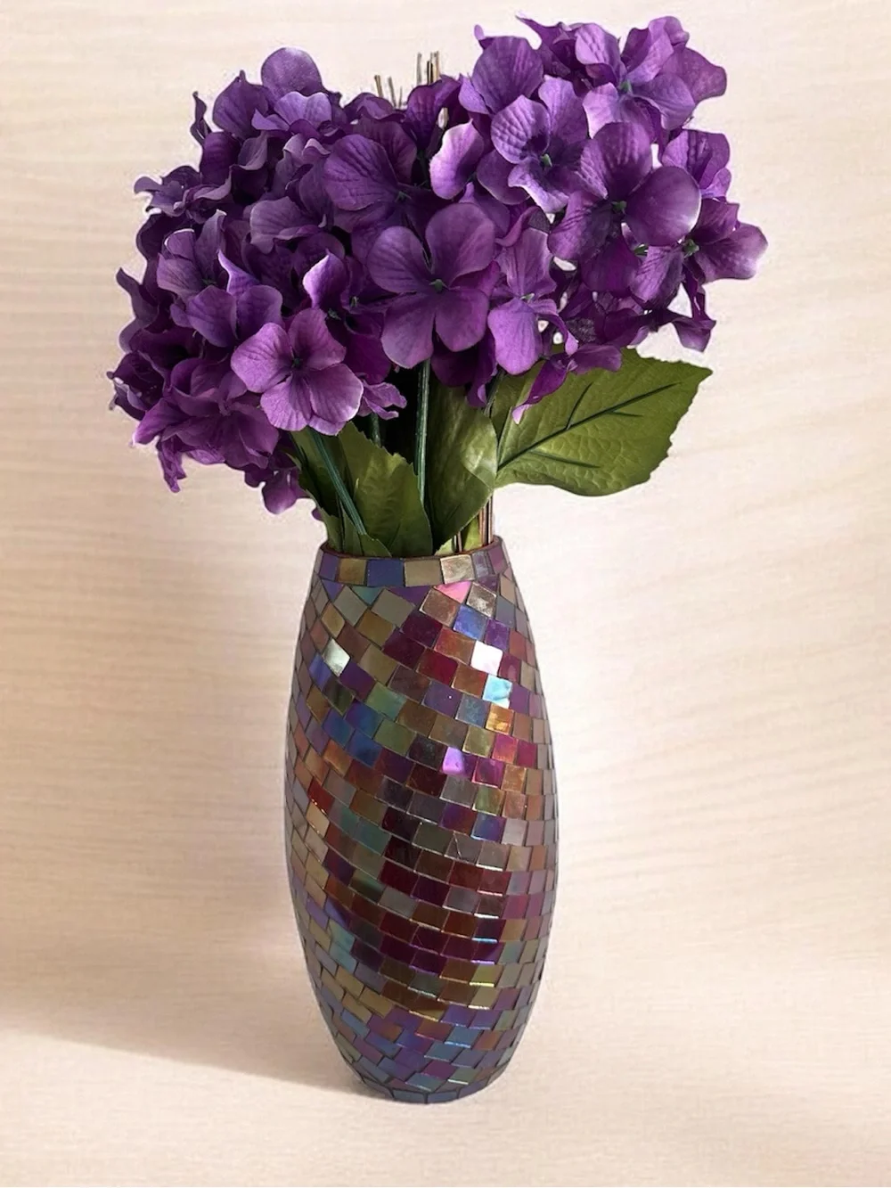 12” Iridescent Mosaic Glass Vase w/ Purple Hydrangea Flowers